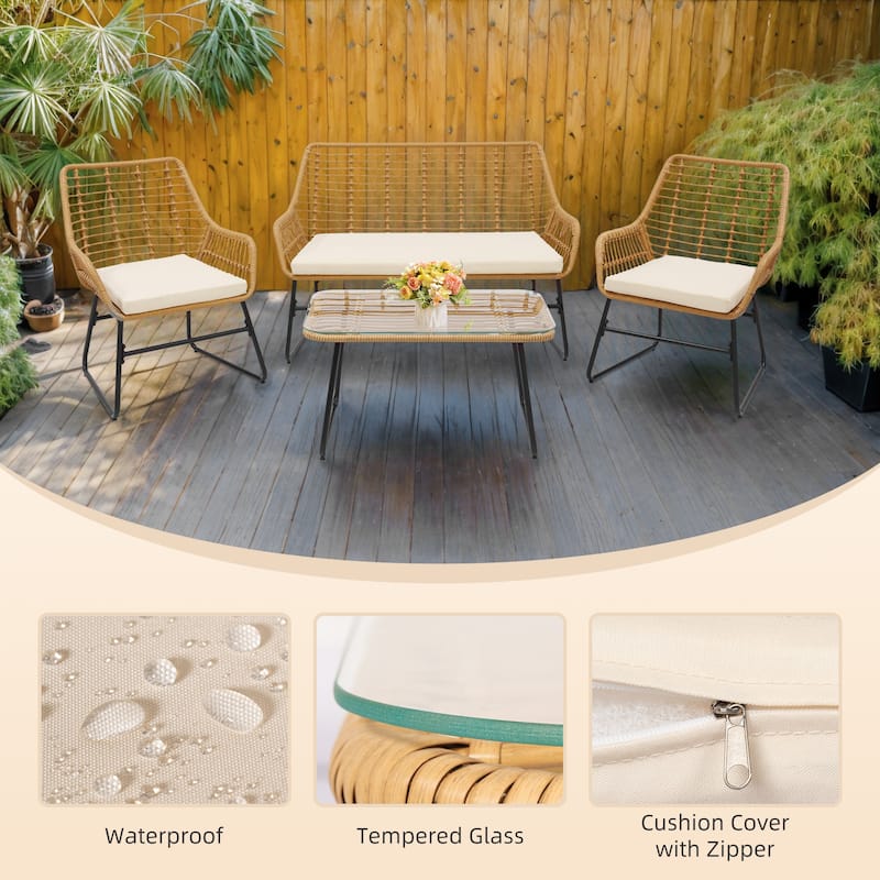 4 Piece Patio Furniture Set, Outdoor Wicker Conversation Set with Loveseat,Chairs and Table - 47.2" W x 24.4" D x 31.9" H
