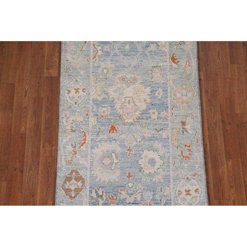 Hand Knotted Oriental 100% Wool Carpet Transitional All-Over Navy Blue & Blues Oushak Runner Rug - 9' 11'' X 2' 8''
