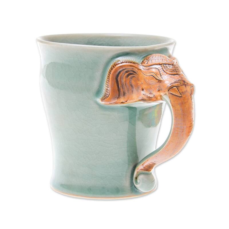 Handmade Elephant Handle In Green Celadon Ceramic Mug (Thailand)