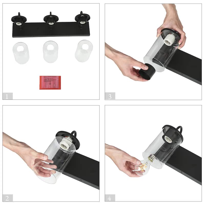 Modern Industrial 3-Light Bathroom Vanity Light Black Glass Wall Sconces - W 21.7" x D 3.9" x H 8.9"