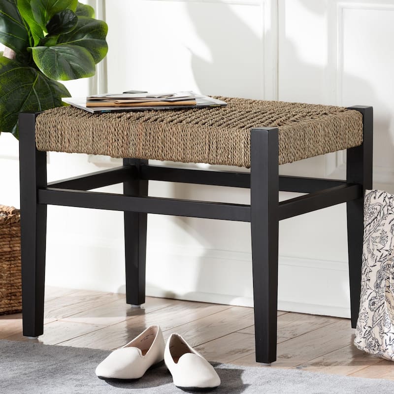 Amber Seagrass Accent Bench - Handwoven Natural Fiber Stool with Black Wood Frame, Compact Coastal Boho Seating