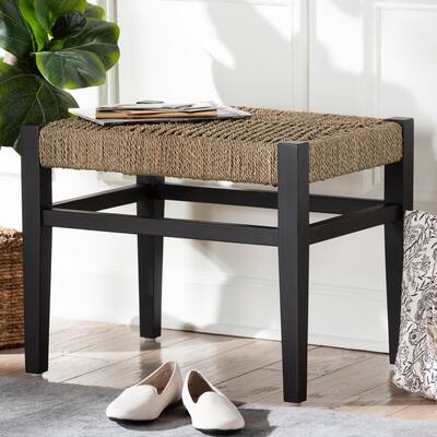 Amber Seagrass Accent Bench - Handwoven Natural Fiber Stool with Black Wood Frame, Compact Coastal Boho Seating
