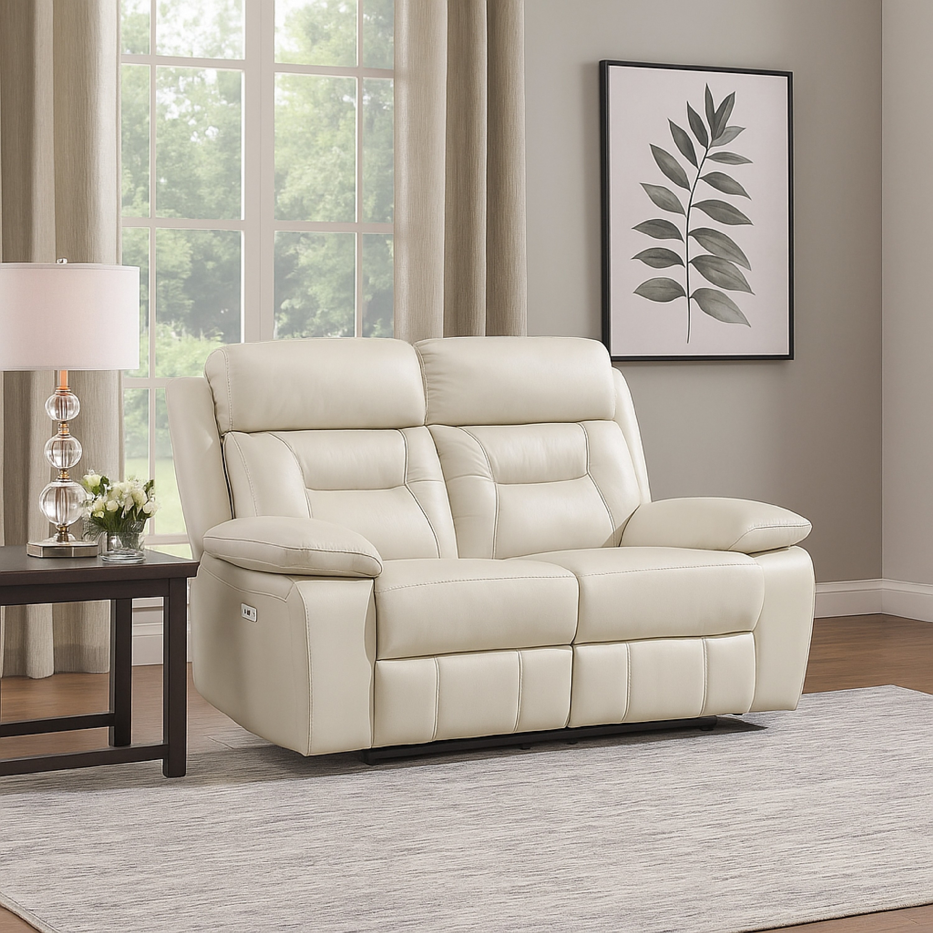 Benjara Conia Power Dual Recliner Loveseat, Light Silver Leather, USB, 63 Inch