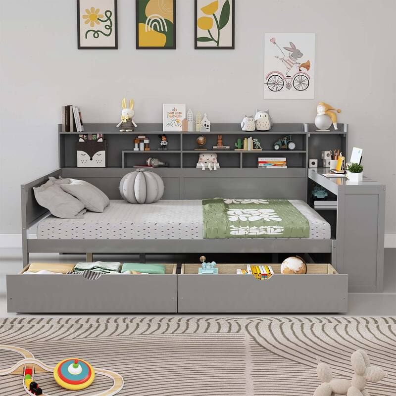 Daybed with Smart Storage and Efficient Study Desk for Space Optimization - Gray-Full Size