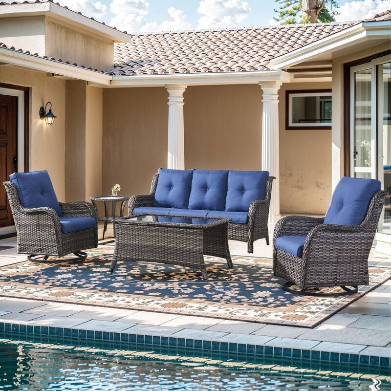 Pocassy 5 Pieces Outdoor 4 Inch Sofa Swivel Chairs Table - Blue cushion - Gray Wicker