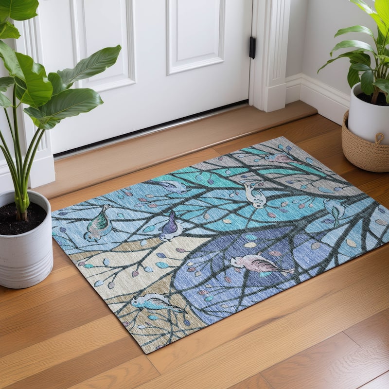 Machine Washable Indoor/ Outdoor Bird Mosaic Chantille Rug