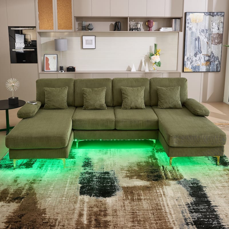 HOMEFUN Corduroy Upholstered U-shaped Adjustable Light Modular Sectional Sofa With Type-C and USB ports - Olive Green