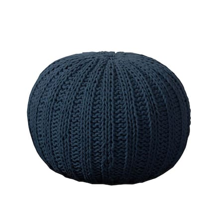 20" Solid Navy Blue Hand Knitted Round Pouf Ottoman