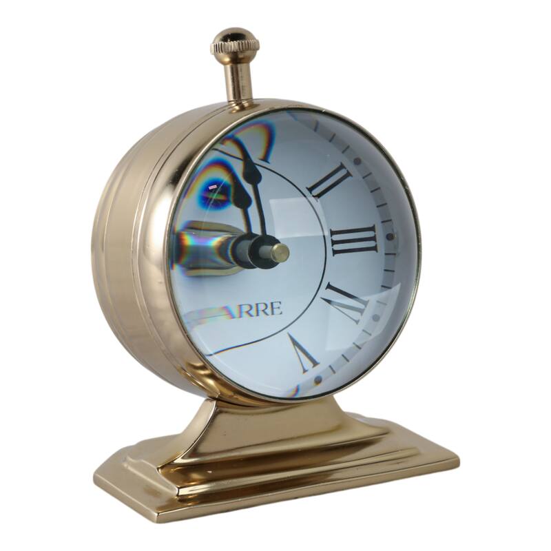 Metal Glass Desk Clock with Glass Lens and Roman Numerals Face on Base - 5" x 5" x 7"
