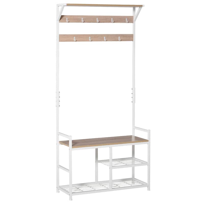HOMCOM Hallway Tree Bench Organizer with 9 Coat Hooks, Large Sitting Bench and 3 Open Shelves for Entryway