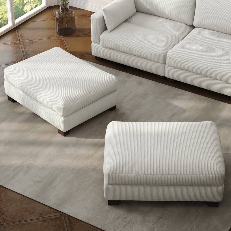 Set of 2 Upholstered Velvet Corduroy Ottoman - BEIGE