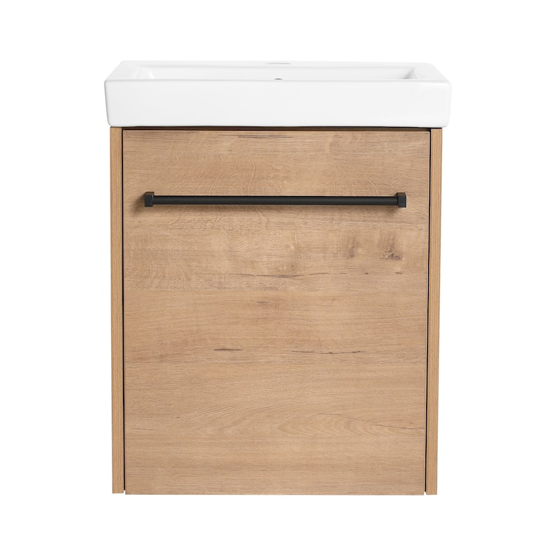GDFStudio - Amelia 18" Floating Bathroom Vanity with Ceramic Sink and Soft-Close Cabinet, Imitative Oak Finish