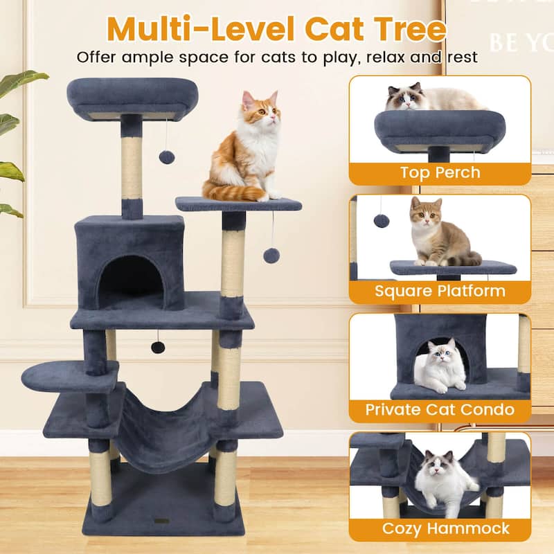 Costway 58” Tall Multi-level Cat Tree with Upholstered Perch & Cat - See Details