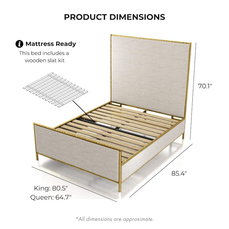 Furniture of America Zayen Modern 2-Piece Upholstered Queen Size Hammered Metal Platform Bedroom Set with Nightstand
