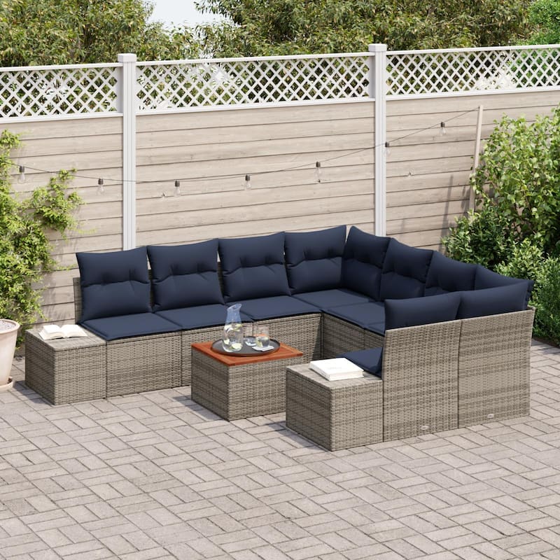 vidaXL 9 Garden Sofa Set with Cushions Black/Grey Poly Rattan - 103.9 x 92.1 x 27.2