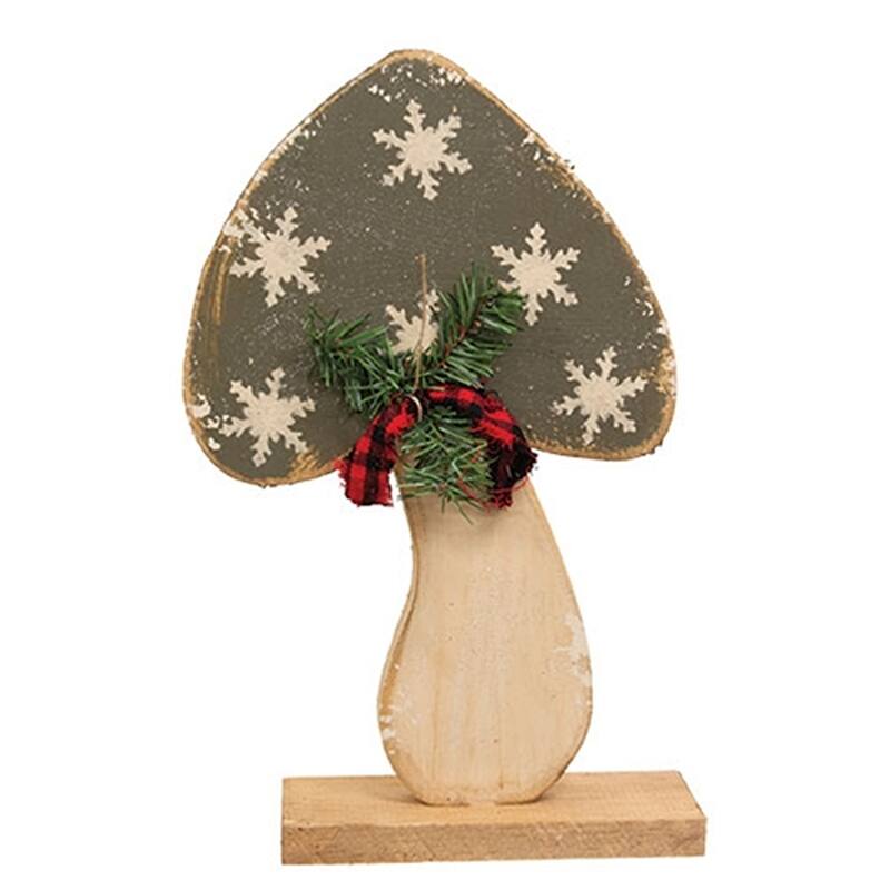 Rustic Wood Glitter Snowflake Mushroom with Bow on Base - 2 Asstd. - 8" x 2.75" x 15"