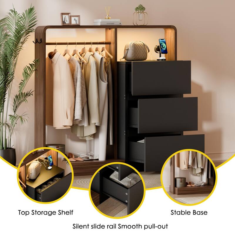 Dresser for Bedroom with Hanging Closet, 3 Drawers Dresser with LED Lights & Charging Station