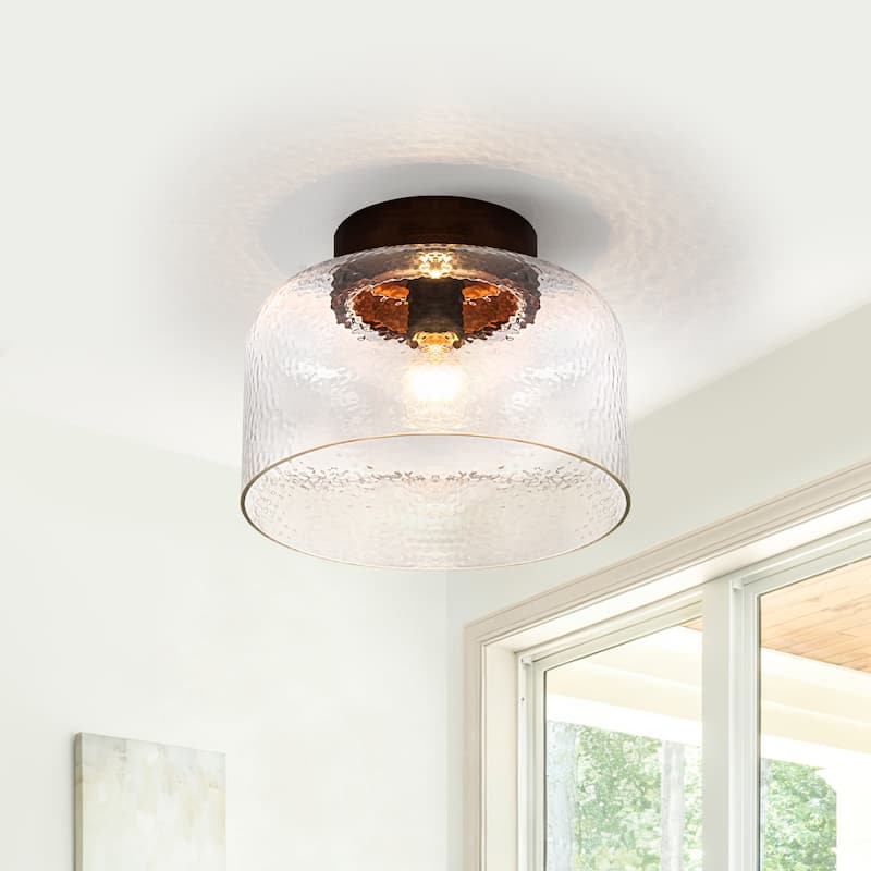 1-Light Wood Flush Mount Ceiling Light with Clear Textured Glass Shade - Dia.11.81-in - Dia.11.81-in