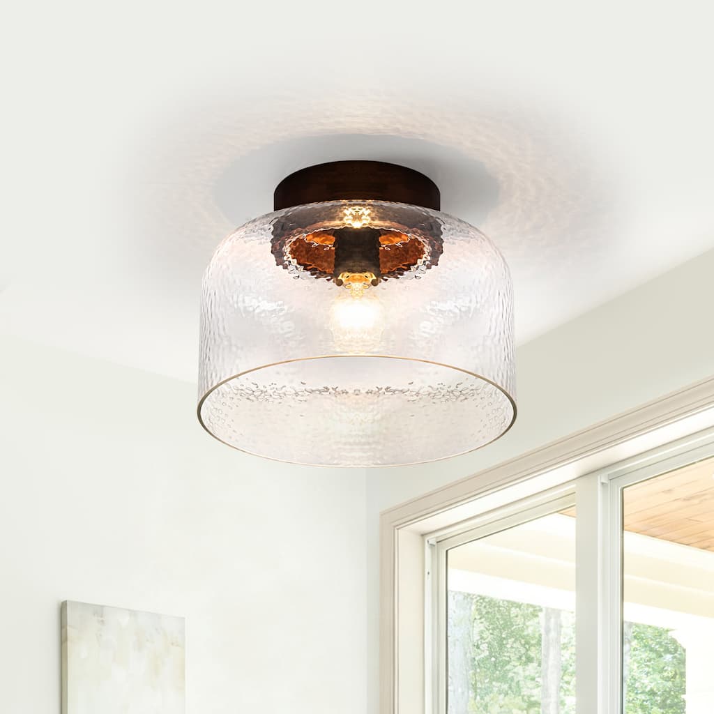 1-Light Wood Flush Mount Ceiling Light with Clear Textured Glass Shade - Dia.11.81-in