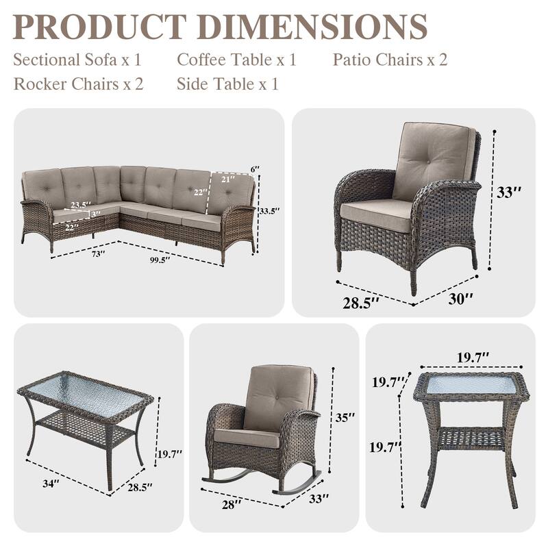 Patio Sectional Sofa Chairs with Rocking Chairs Set