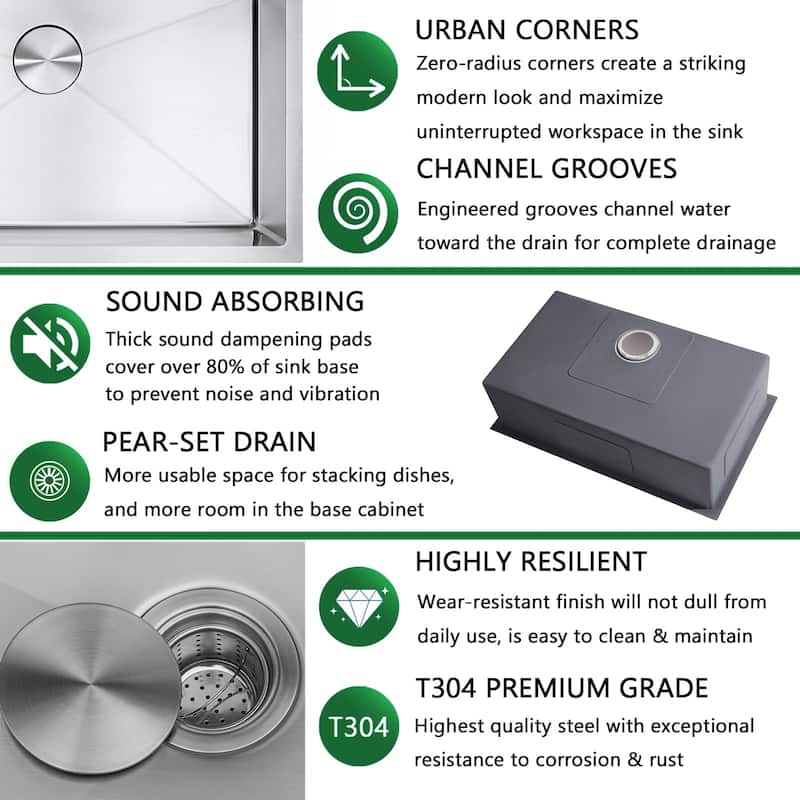 30" Undermount Single Bowl Stainless Steel Handmade Kitchen Sink & Drain Strainer, Bottom Grid, All in One (30" x 18" x 9")