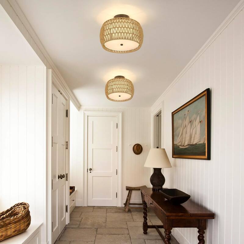 Light Fixtures Ceiling Mount, Rattan Semi Flush Mount Ceiling Light, Farmhouse Light Fixtures with Fabric Shades