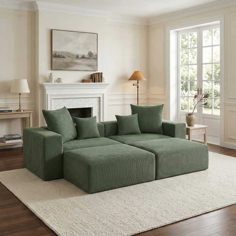 81"W No Assembly Corduroy Modular Sectional Sofa with Ottoman - Green