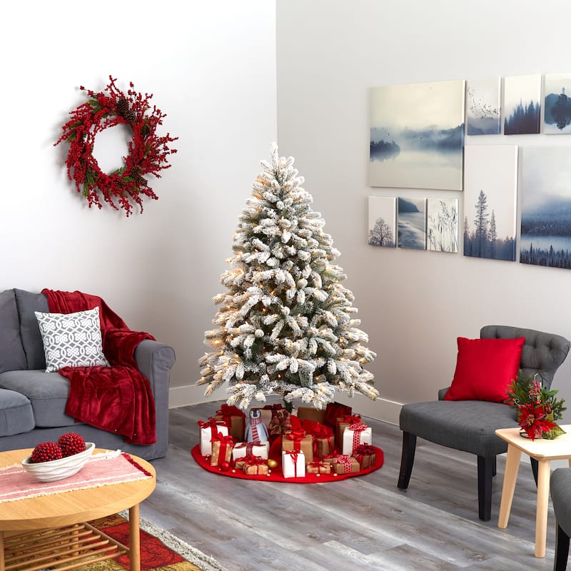 6ft Flocked Christmas Tree - Slim Pencil Artificial Tree with 450 Lights & Metal Stand - Green - 72