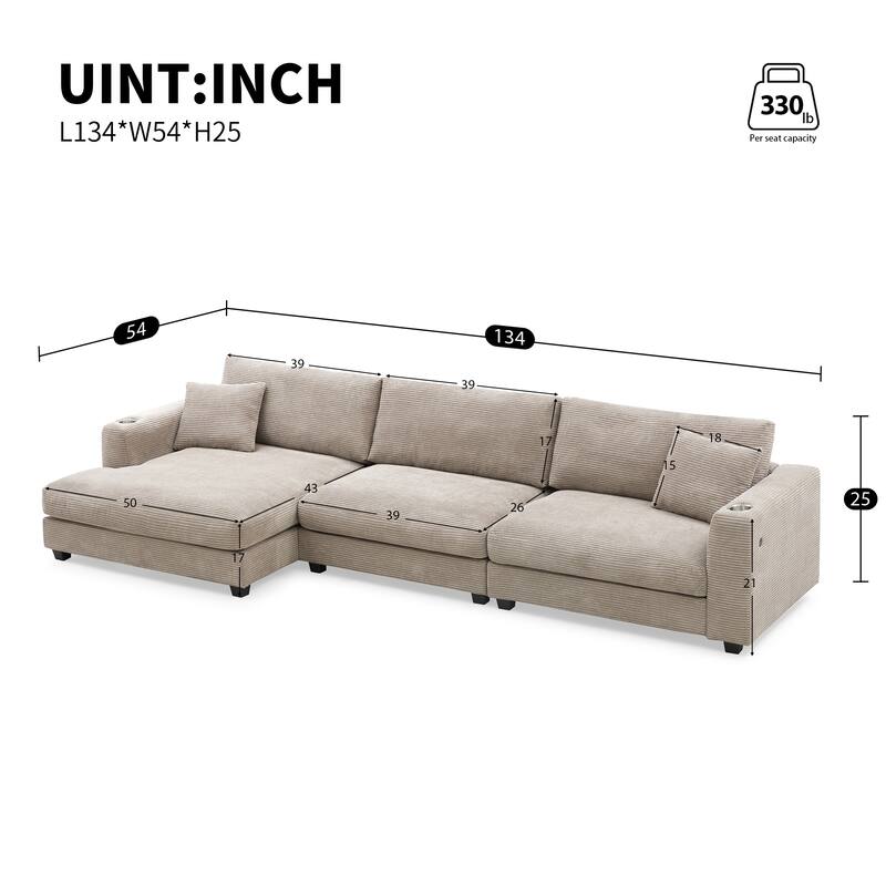 Oversized Corduroy Sectional Sofa with Chaise and USB Port