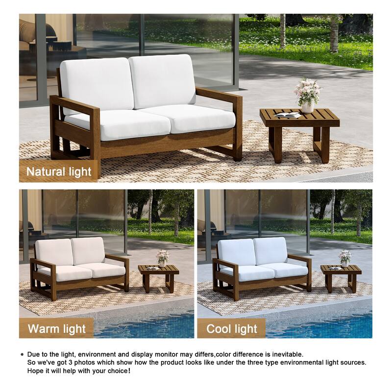 Teak Wood Cushioned Outdoor Patio Loveseat Set with Side Table