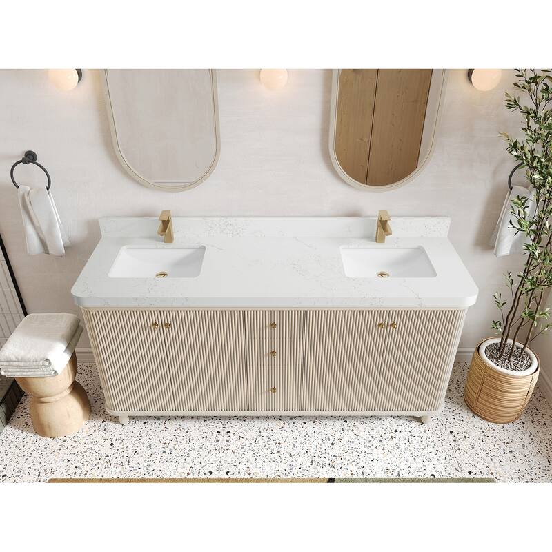 Willow Collections 72 in. W x 22 in. D Reeded Miami Double Bowl Sink Bathroom Vanity with Countertop - 2”Empira White - Fine Grain