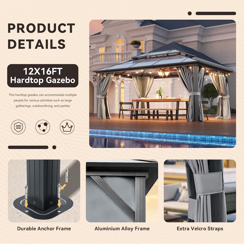 Hardtop Gazebo, Aluminum Frame Permanent Pavilion with Curtains and Netting
