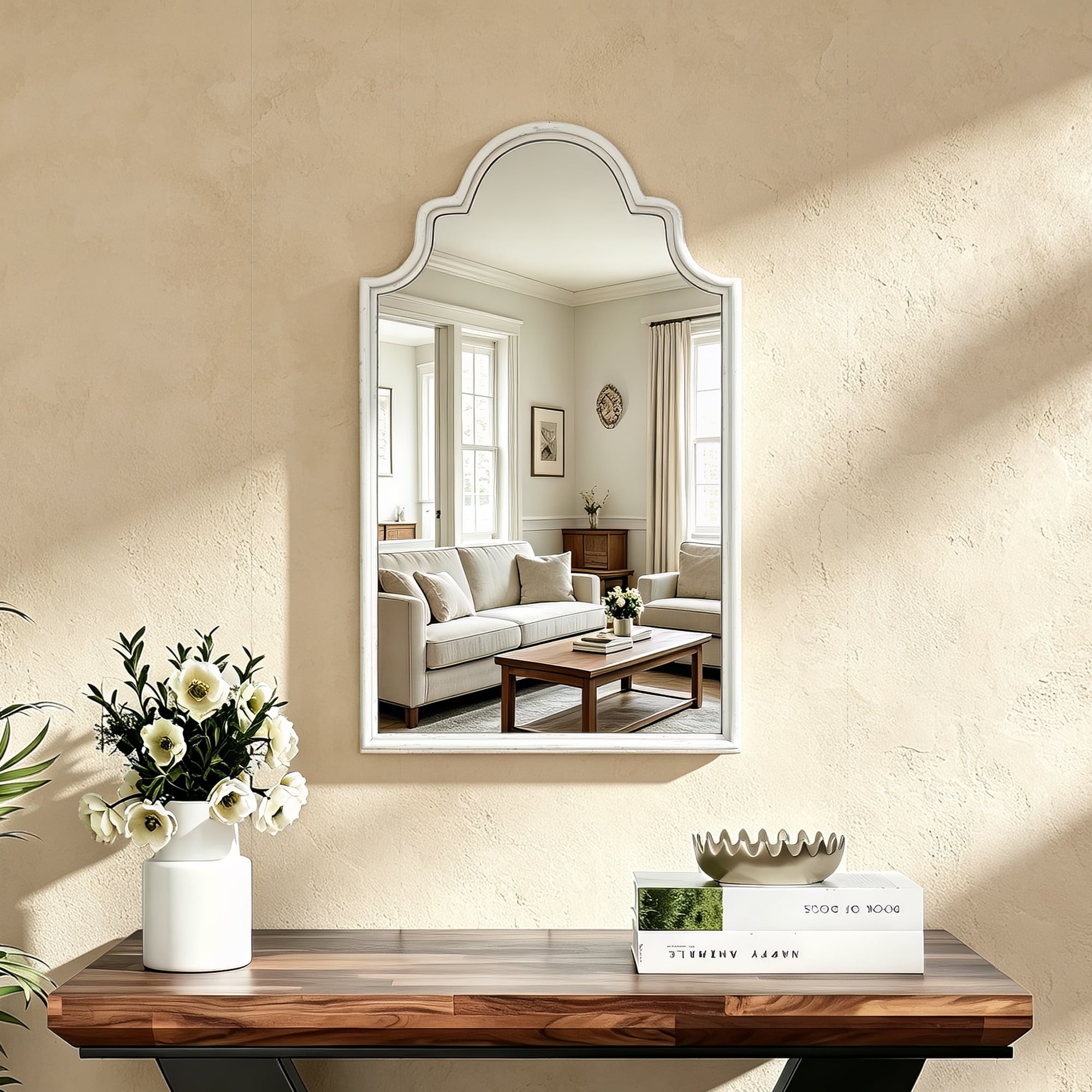 Farmhouse Distressed White Arch Wood Wall Mirror