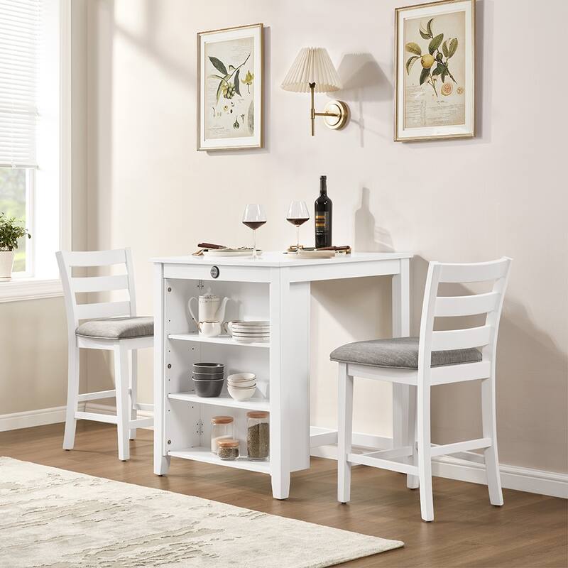 36" Modern Dining Table Set, 2-Seater Charging Station 3-Tier Storage - White