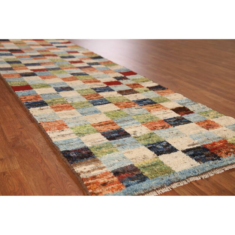 Checkered Moroccan Oriental Runner Rug Handmade Wool Carpet - 3'2" x 9'8" - 3'2" x 9'8" - Multi-Color