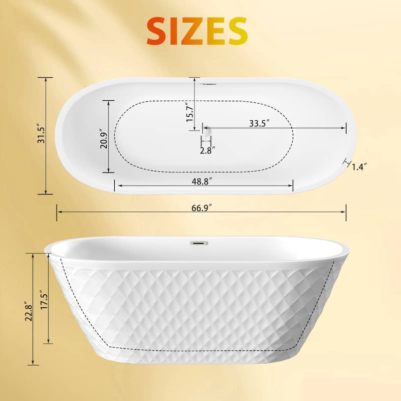 67" Gloss White Freestanding Acrylic Bathtub