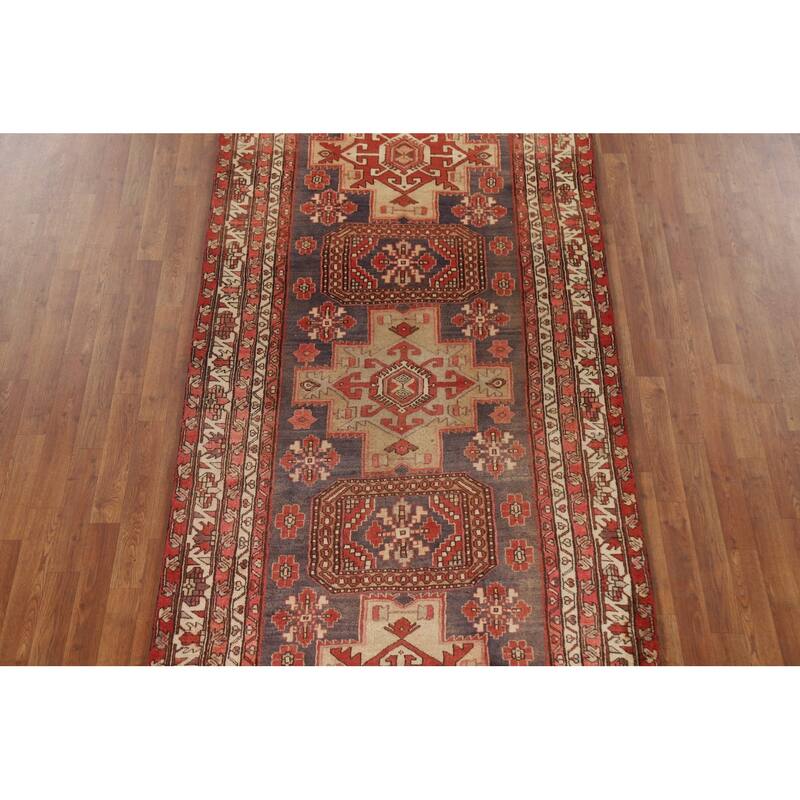 Blue Ardebil Persian Runner Rug Hand-knotted Vintage Wool Carpet - 4'4"x 10'4"