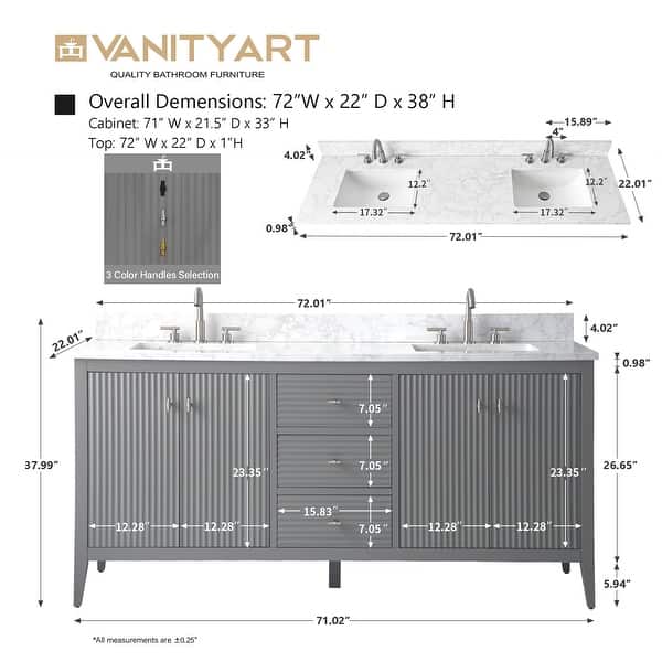 dimension image slide 8 of 10, Vanity Art 72" Double Sink Bathroom Vanity Cabinet with Engineered Marble Top
