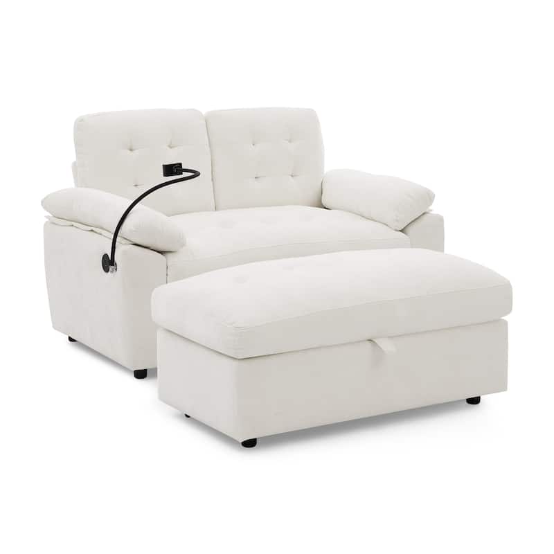 Double Recliner Chair with Adjustable Backrest, Storage Ottoman, USB Port & Phone Stand