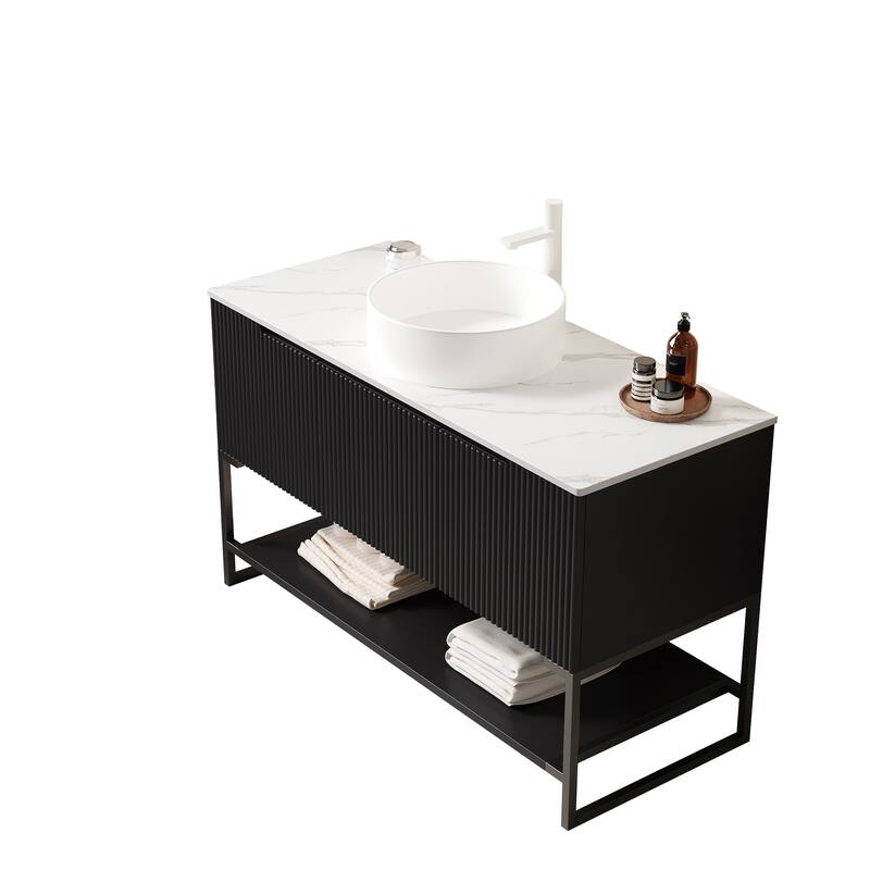 Bathroom Vanity with Round Ceramic Basin and Artificial Marble Countertop, Freestanding 3 Doors Storage Cabinet with Open Shelf
