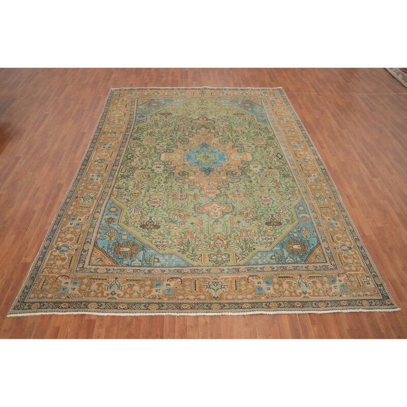 Hand Knotted Oriental 100% Wool Carpet Traditional Floral Green Tabriz Area Rug - 12' 2'' X 9' 4''