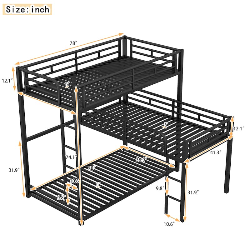Roomfitters L-Shaped Metal Triple Twin Bunk Bed with Desk and Shelf, Black