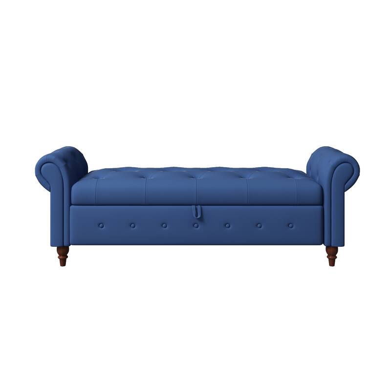 Contemporary Button-Tufted Storage Ottoman Bench with Rolled Arms