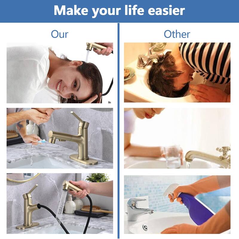 Bathroom Sink Faucet with Pull Out Sprayer, Single Handle Modern Bathroom Basin Faucet with Pop-up Sink Drain Stopper