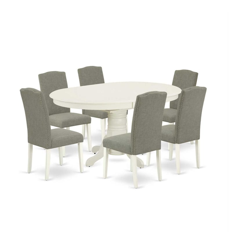 HomeStock 7-Pc Oval Linen White Finish Solid Wood Top Dining Table with 6 Parson-Chairs with Butterfly Leaf