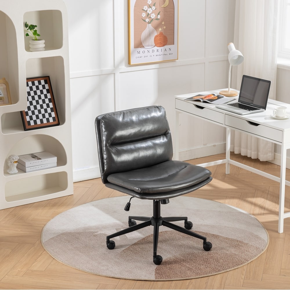 Armless Criss Cross Office Desk Chair, Vanity Chair with Wheels and Thickened Cushion, Ergonomic Adjustable Swivel Task Chair