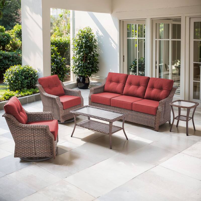 Artisan Patio Brown Wicker Sofa Conversation Set with 6-Inch Thick Cushions - Red - 5-Piece
