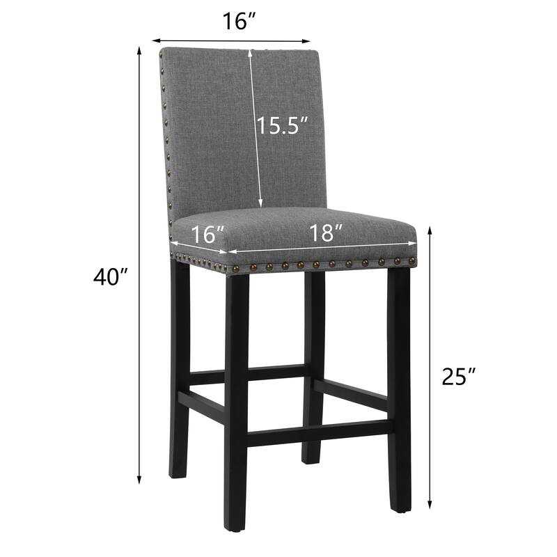 25 Inches Bar Stools Set of 2 Upholstered Counter Height Bar Stools with Back and Nailhead Trim