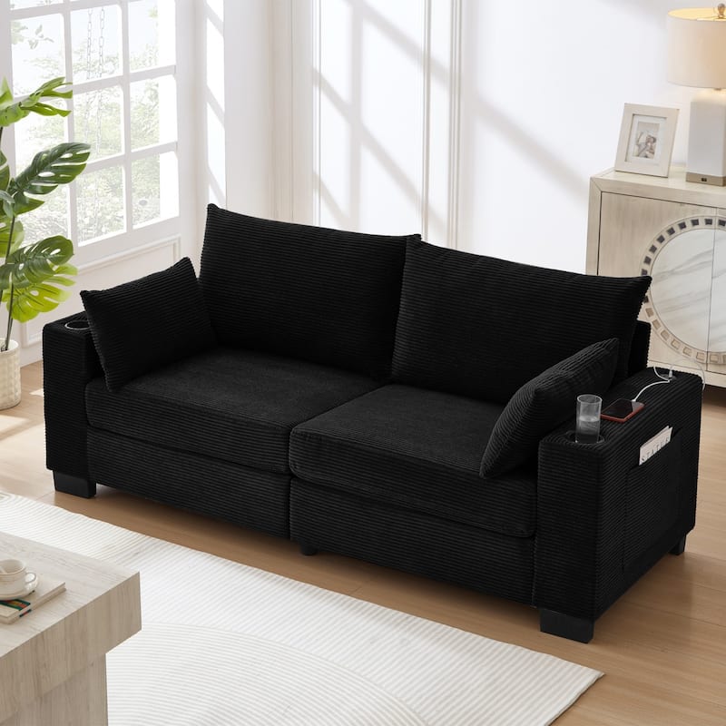 78" Corduroy 3-Seater Sofa with USB Ports, Cup Holders and Side Pockets