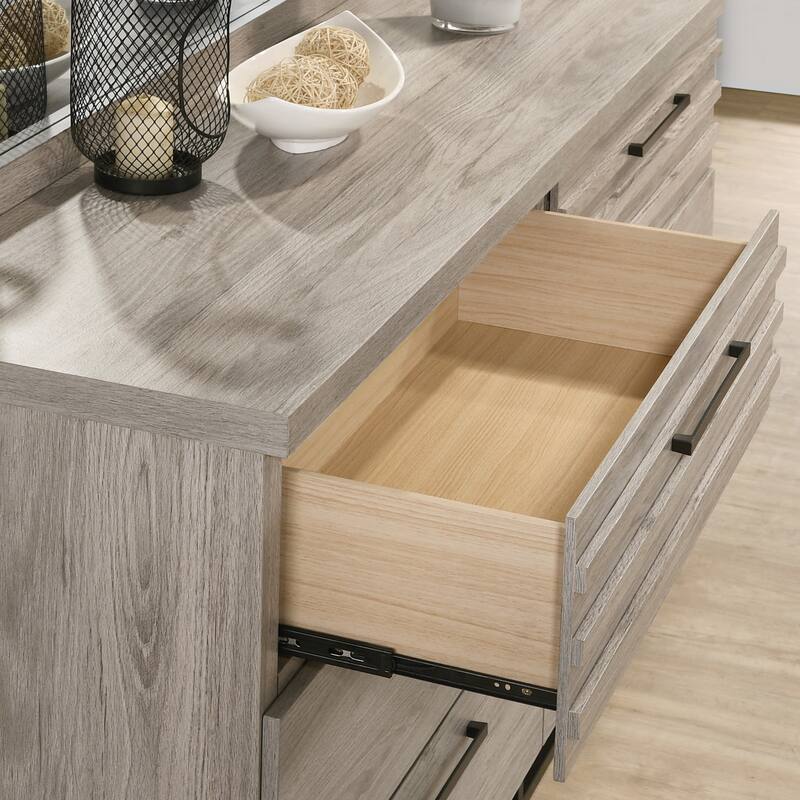 Roundhill Furniture Alvear Upholstered Wood Panel Bed, Dresser, Mirror, and Nightstand, Weathered Gray
